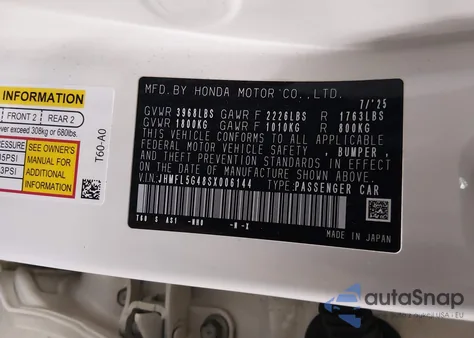 2025 Honda Civic Type R z USA, uszkodzony, nr VIN JHMFL5G48SX006144